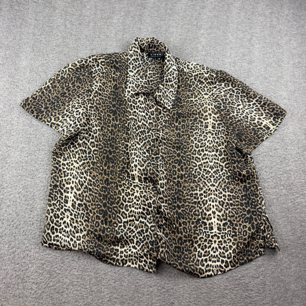 Virgo Womens Petite Leopard Print Short Sleeve Button Up Blouse Size 16P